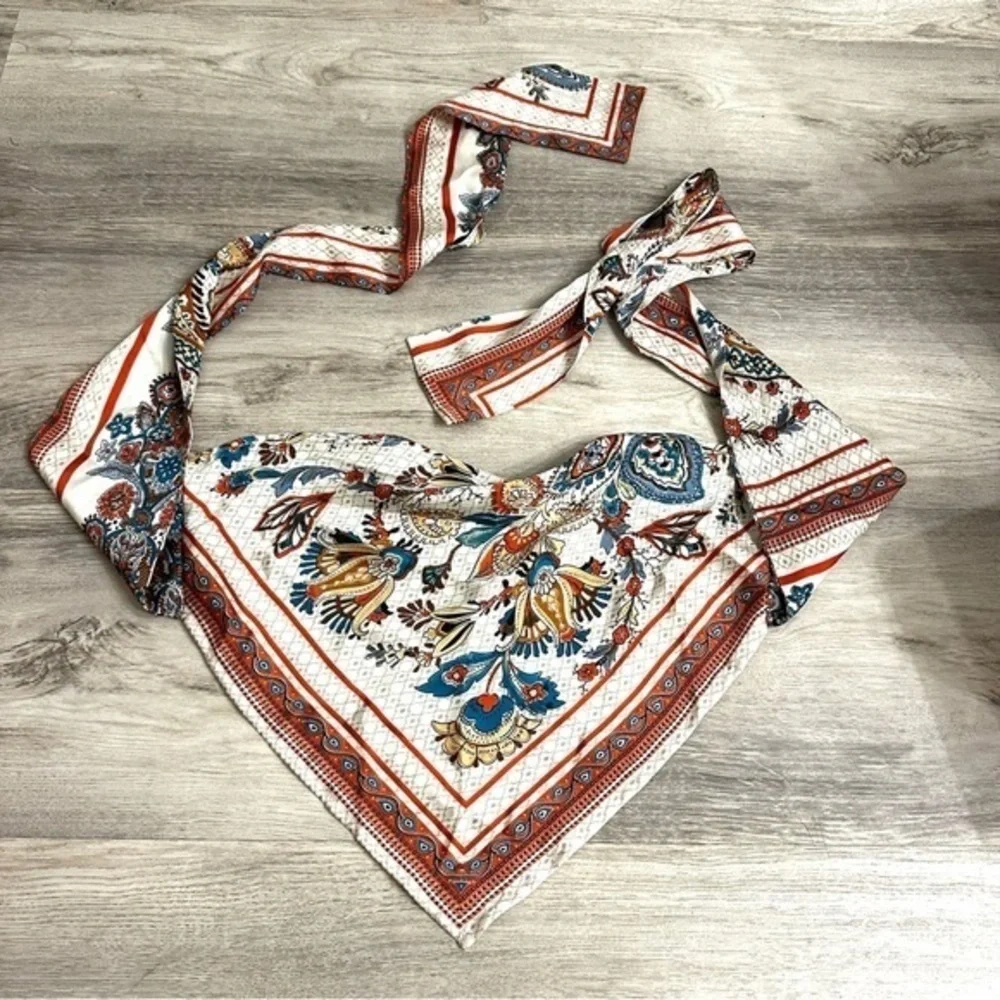 Ivory Paisley Head Scarf Boho Floral Kerchief Blue Rust Print One Size
